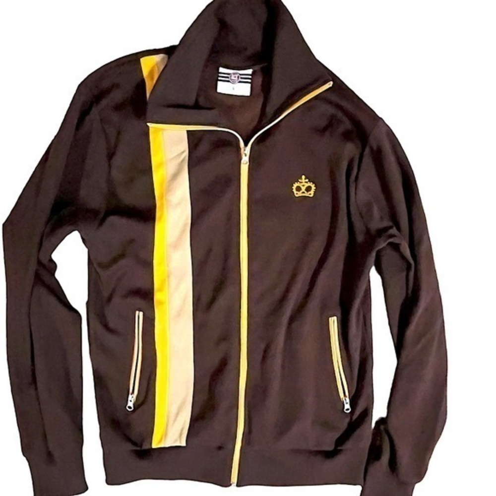Ace Vintage Men’s Track Jacket | Brown with Gold & Beige Stripe Down Front